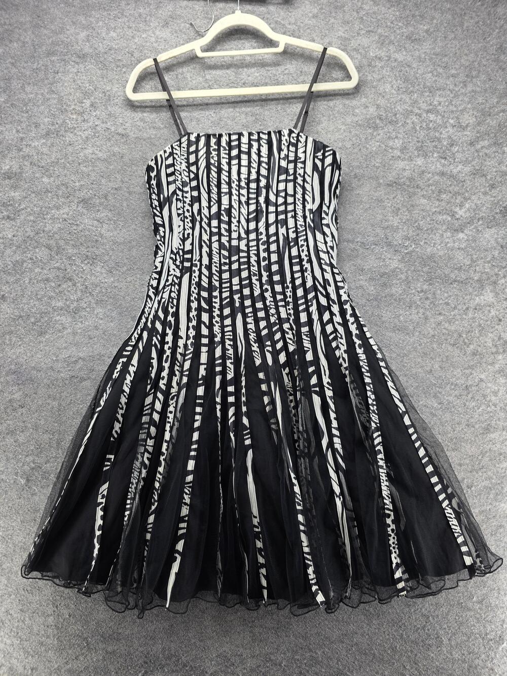 Aspeed Dress Womens M Black Fit & Flare Midi Striped Tulle Lined Pleated
